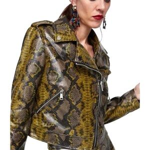 Zara Snakeskin Moto Jacket Size Medium Women Faux Leather Brown Streetwear